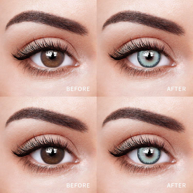 The before and after comparison of wearing Unspoken Blue Contact Lenses.